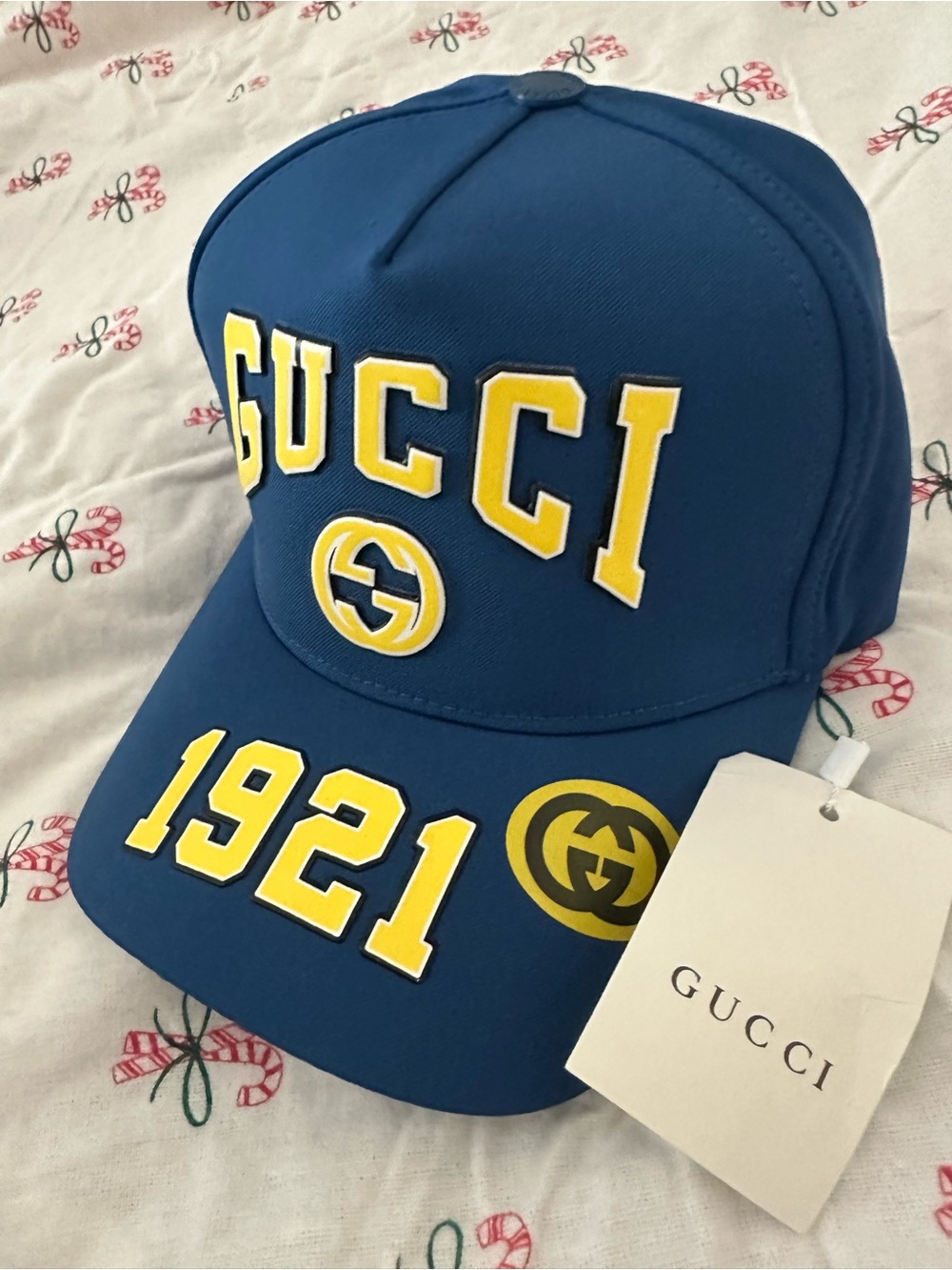 Gucci Blue Baseball Cap with Yellow Logo and 1921 Patch